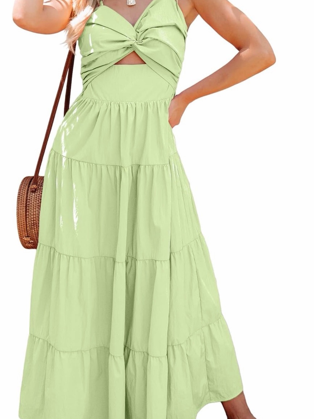Tiered Light Green Maxi Dress with Twist Front Cutout